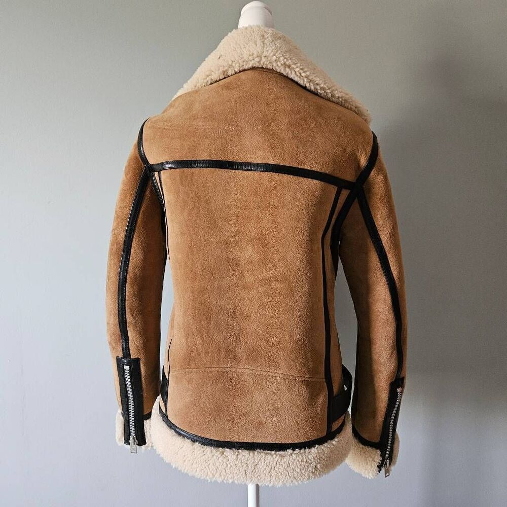 AllSaints Rei Shearling Suede Leather Moto Jacket Size Small in Sand Brown/Ecru - Picture 2 of 11